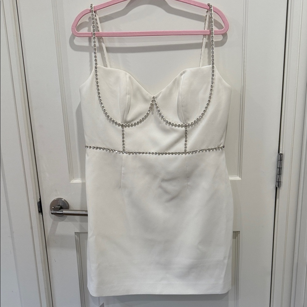 SELF PORTRAIT White Mini Dress Crystal Embellished Size 12 NWT